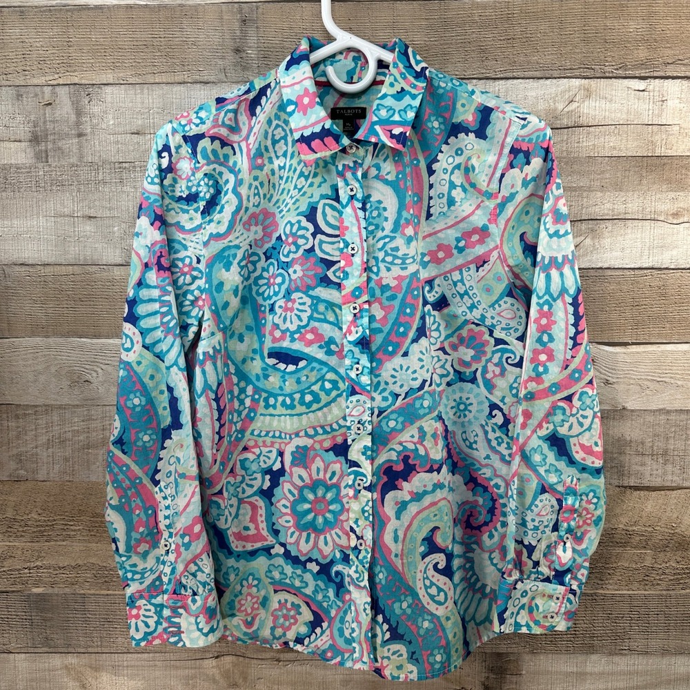 Talbots Petite Dream Paisley Classic Cotton Button Up Shirt Blue Pink Tropical M